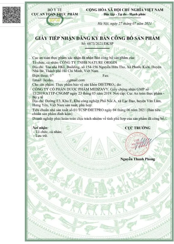 Giấy công bố sản phẩm Dietpro